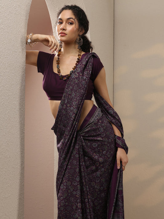 Burgundy  Printed Silk Blend Saree With Unstitched Blouse Piece