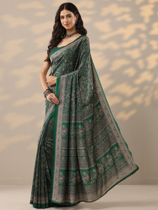 Green Printed Silk Blend Saree With Unstitched Blouse Piece