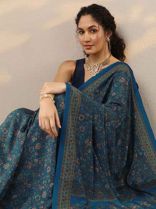 Blue Printed Silk Blend Saree With Unstitched Blouse Piece