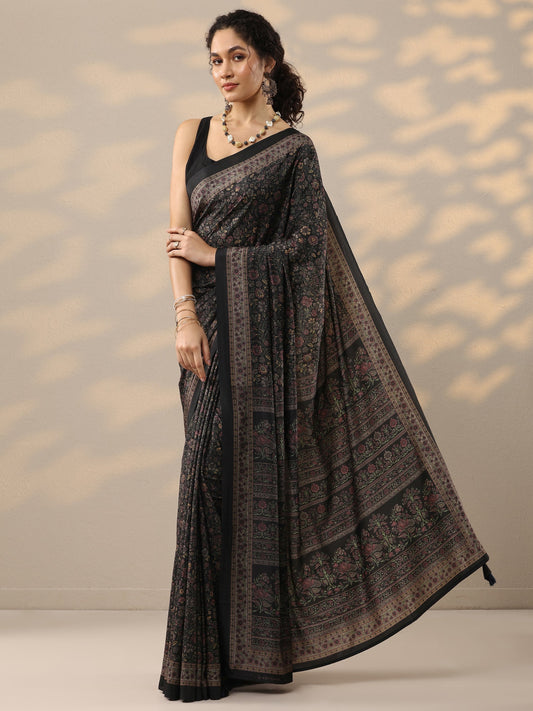 Black Printed Silk Blend Saree With Unstitched Blouse Piece