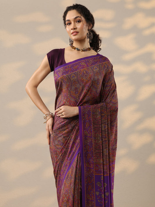 Purple Printed Silk Blend Saree With Unstitched Blouse Piece