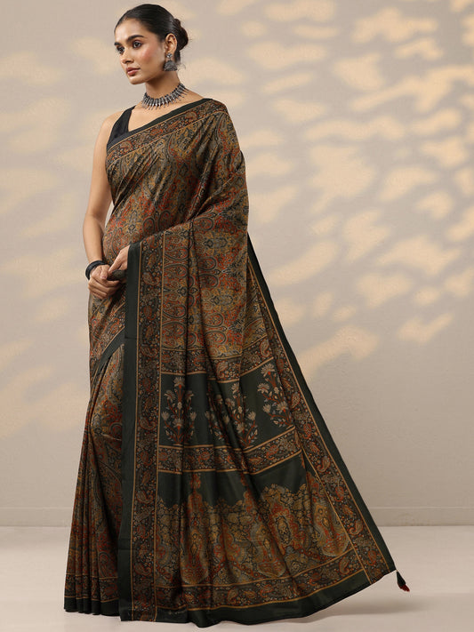 Black Printed Silk Blend Saree With Unstitched Blouse Piece