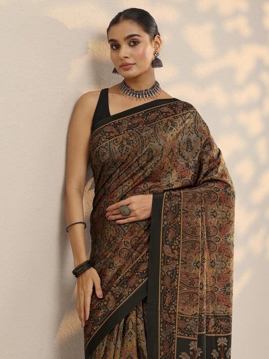 Black Printed Silk Blend Saree With Unstitched Blouse Piece