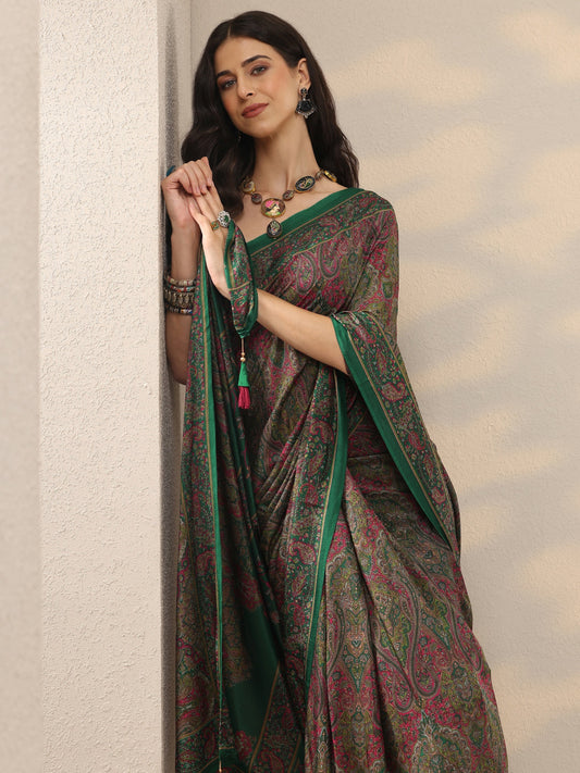 Green Printed Silk Blend Saree With Unstitched Blouse Piece