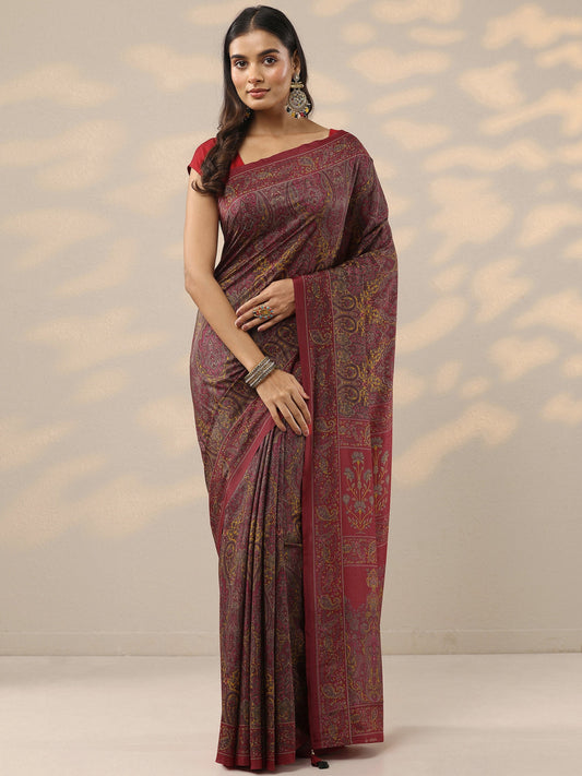 Red Printed Silk Blend Saree With Unstitched Blouse Piece