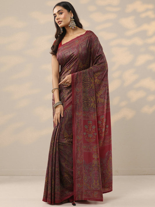 Red Printed Silk Blend Saree With Unstitched Blouse Piece