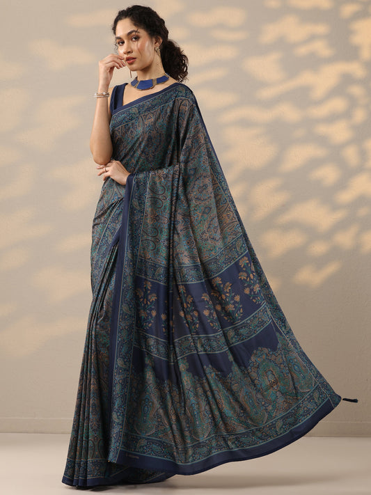 Blue Printed Silk Blend Saree With Unstitched Blouse Piece