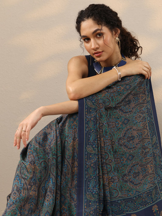 Blue Printed Silk Blend Saree With Unstitched Blouse Piece