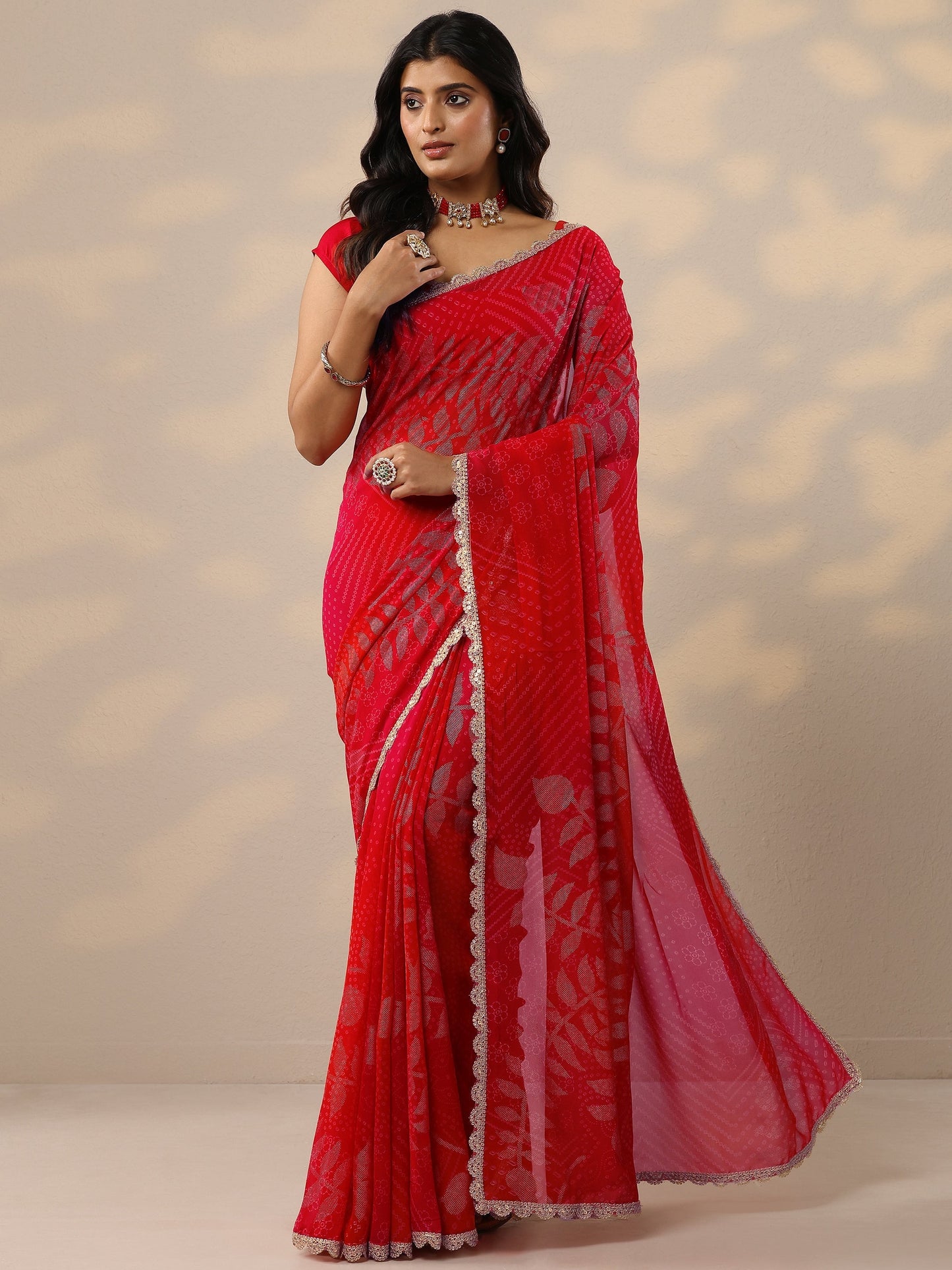 Red Bandhani Printed Georgette Sarees With Unstitched Blouse Piece