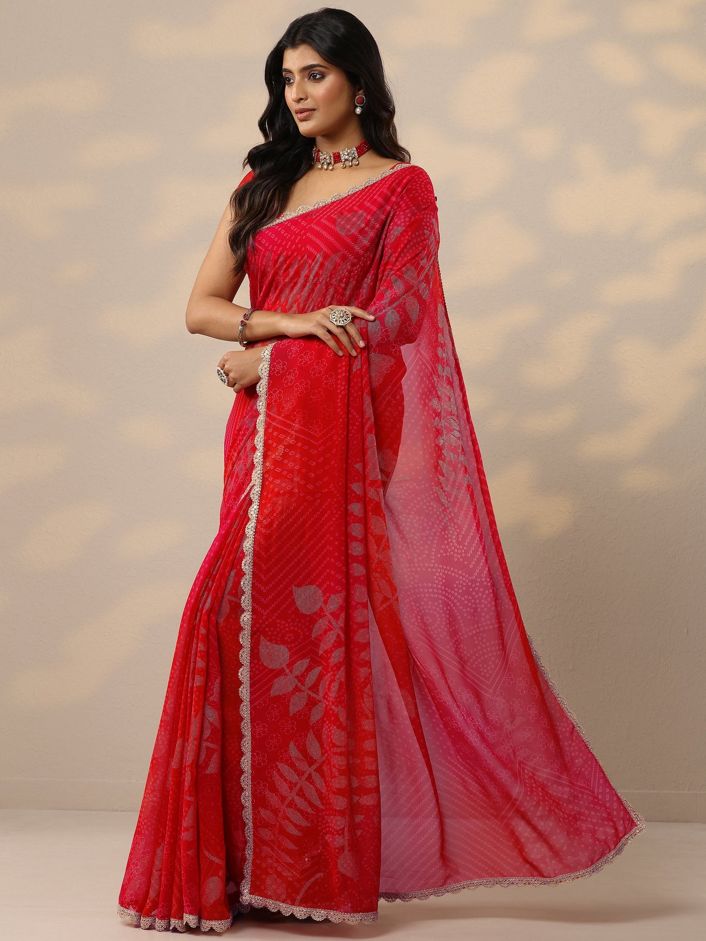 Red Bandhani Printed Georgette Sarees With Unstitched Blouse Piece