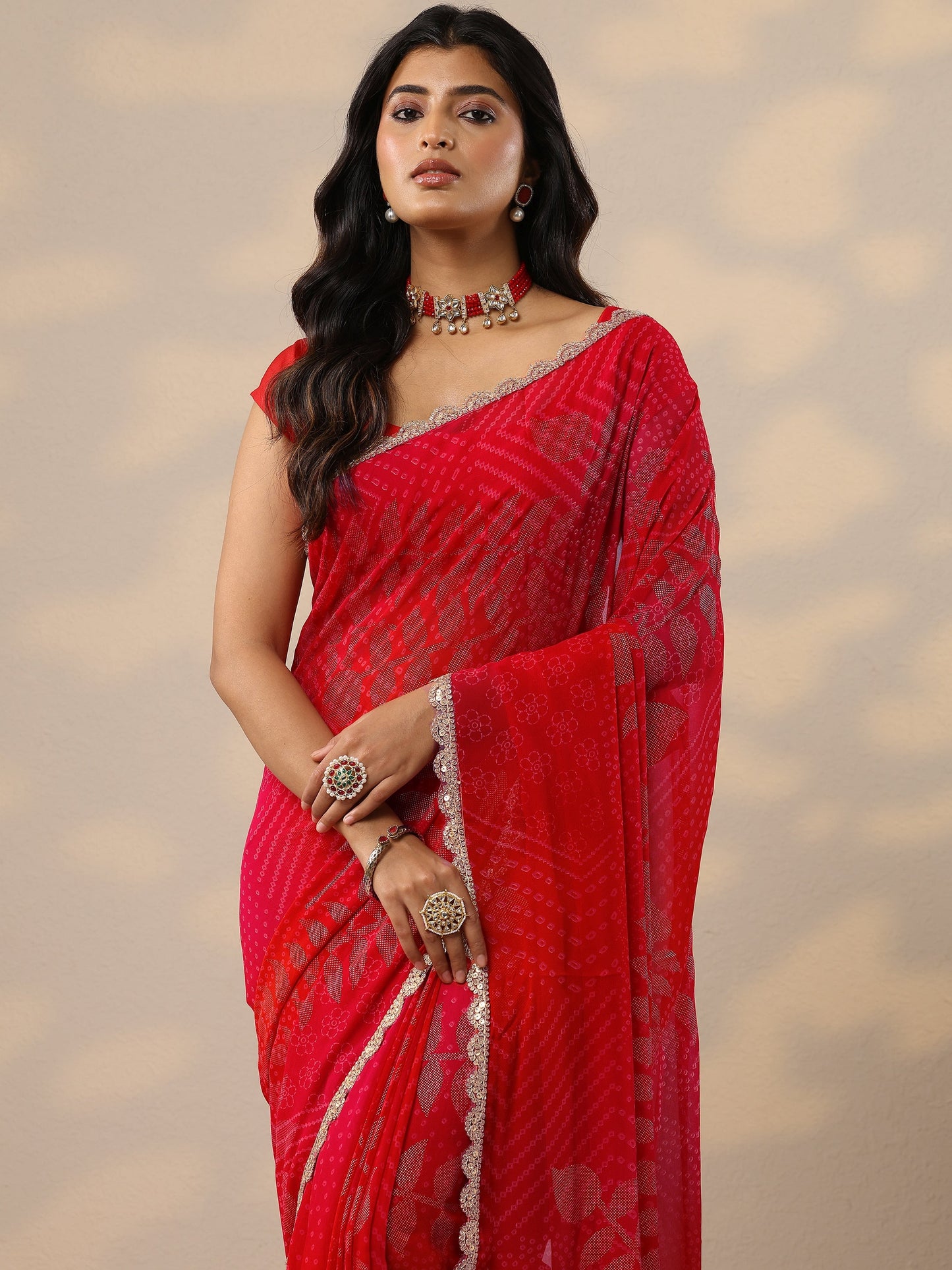 Red Bandhani Printed Georgette Sarees With Unstitched Blouse Piece