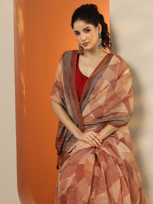 Brown Printed Silk Blend Saree With Unstitched Blouse Piece