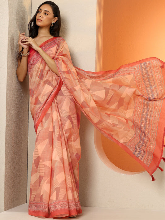 Coral Printed Silk Blend Saree With Unstitched Blouse Piece