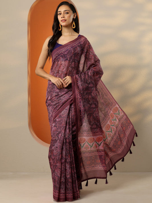 Pink Printed Silk Blend Saree With Unstitched Blouse Piece