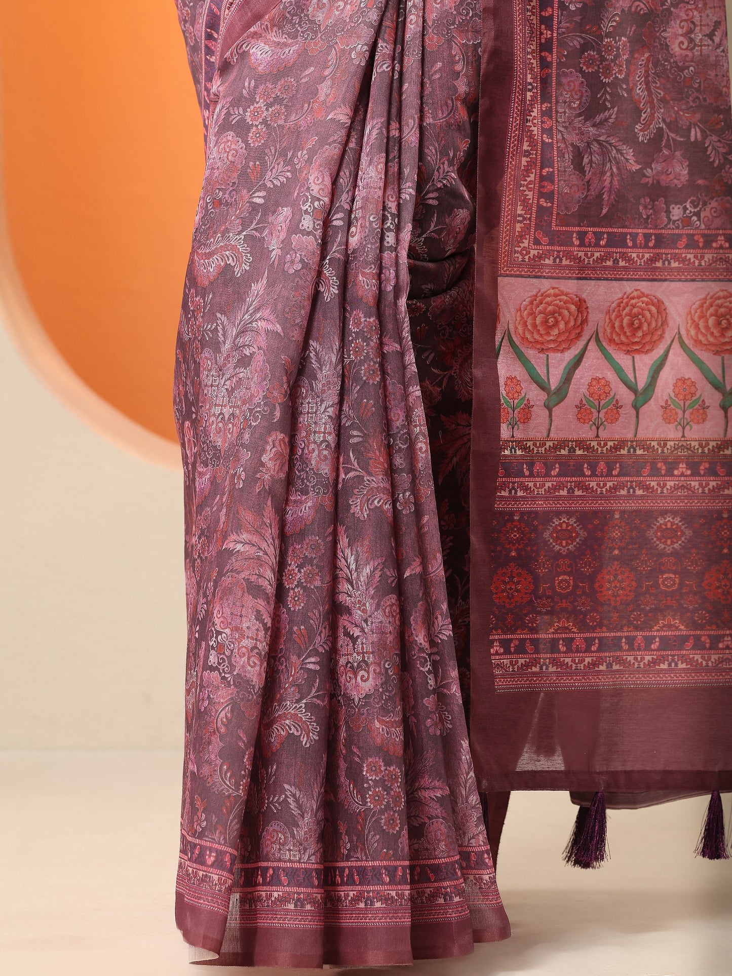 Pink Printed Silk Blend Saree With Unstitched Blouse Piece