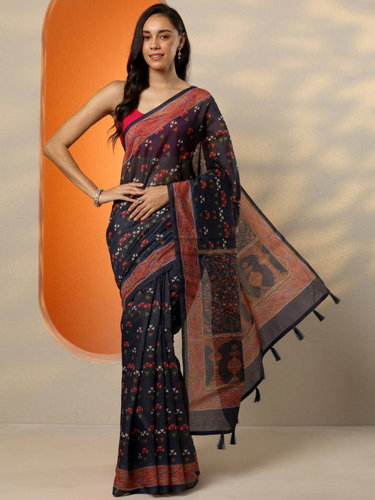 Navy Blue Printed Silk Blend Saree With Unstitched Blouse Piece