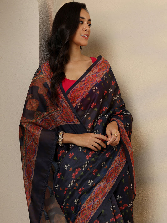 Navy Blue Printed Silk Blend Saree With Unstitched Blouse Piece