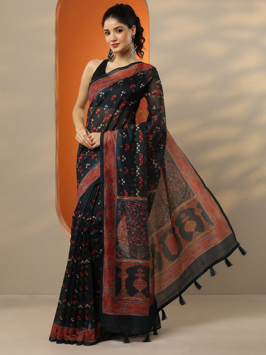 Navy Blue Printed Silk Blend Saree With Unstitched Blouse Piece