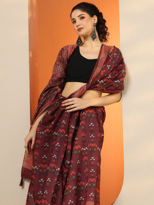 Brown Printed Silk Blend Saree With Unstitched Blouse Piece