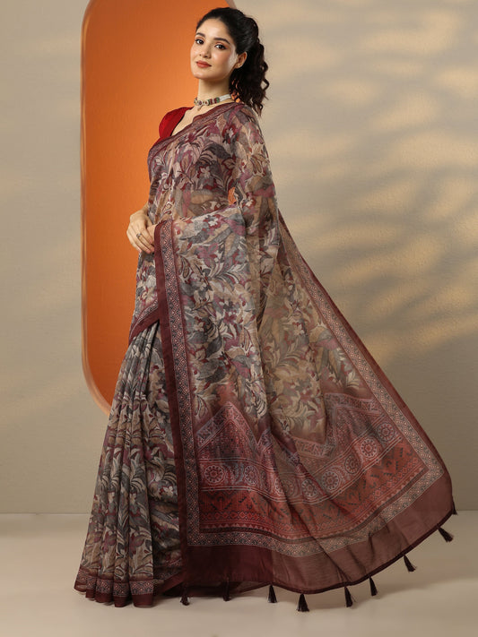 Multi Printed Silk Blend Saree With Unstitched Blouse Piece