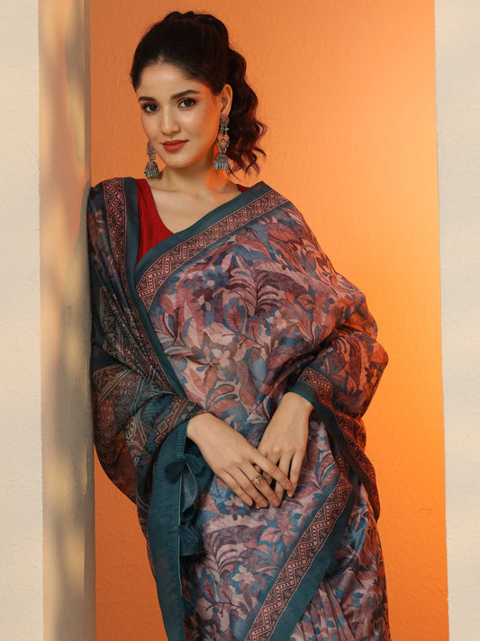 Multi Printed Silk Blend Saree With Unstitched Blouse Piece