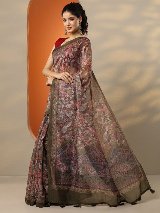 Multi Printed Silk Blend Saree With Unstitched Blouse Piece