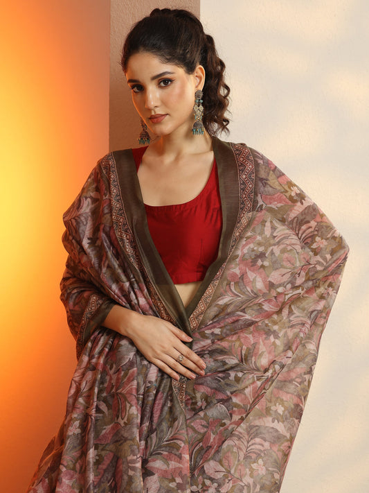 Multi Printed Silk Blend Saree With Unstitched Blouse Piece