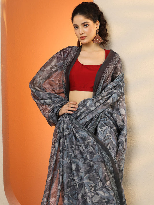 Multi Printed Silk Blend Saree With Unstitched Blouse Piece