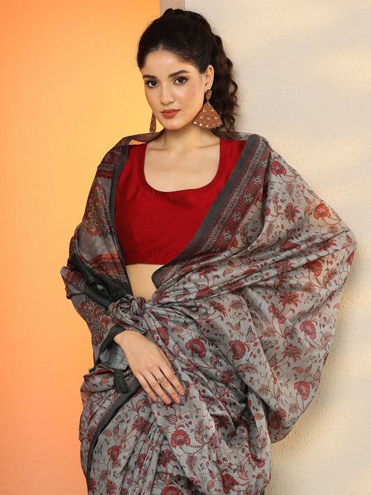 Green Printed Silk Blend Saree With Unstitched Blouse Piece