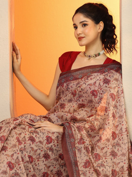 Beige Printed Silk Blend Saree With Unstitched Blouse Piece