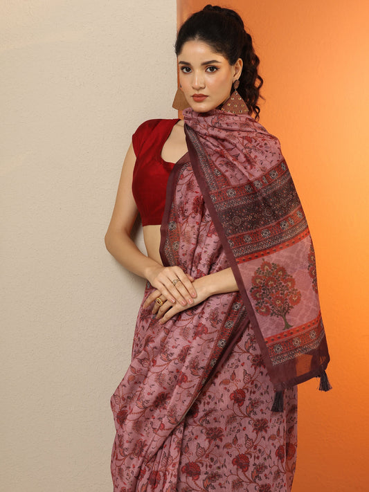 Pink Printed Silk Blend Saree With Unstitched Blouse Piece