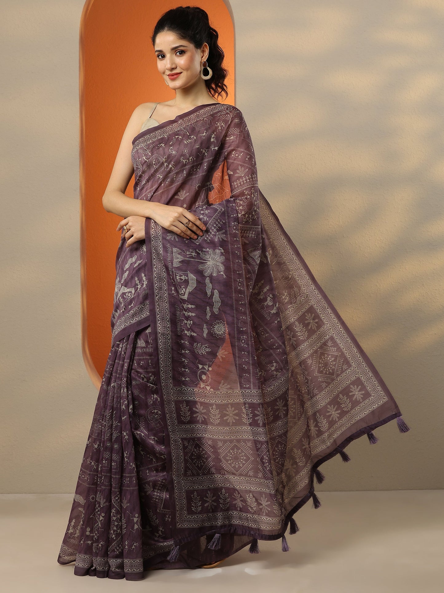 Purple Printed Silk Blend Saree With Unstitched Blouse Piece