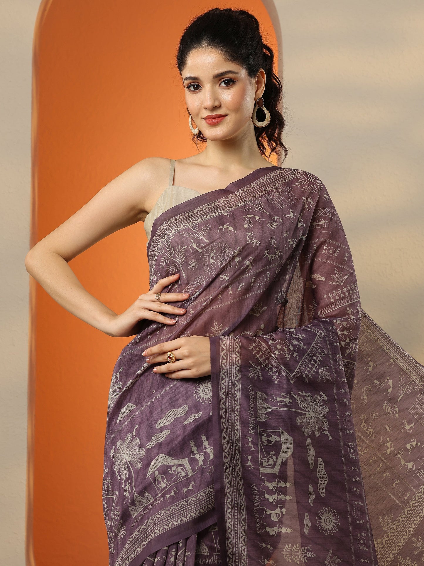 Purple Printed Silk Blend Saree With Unstitched Blouse Piece