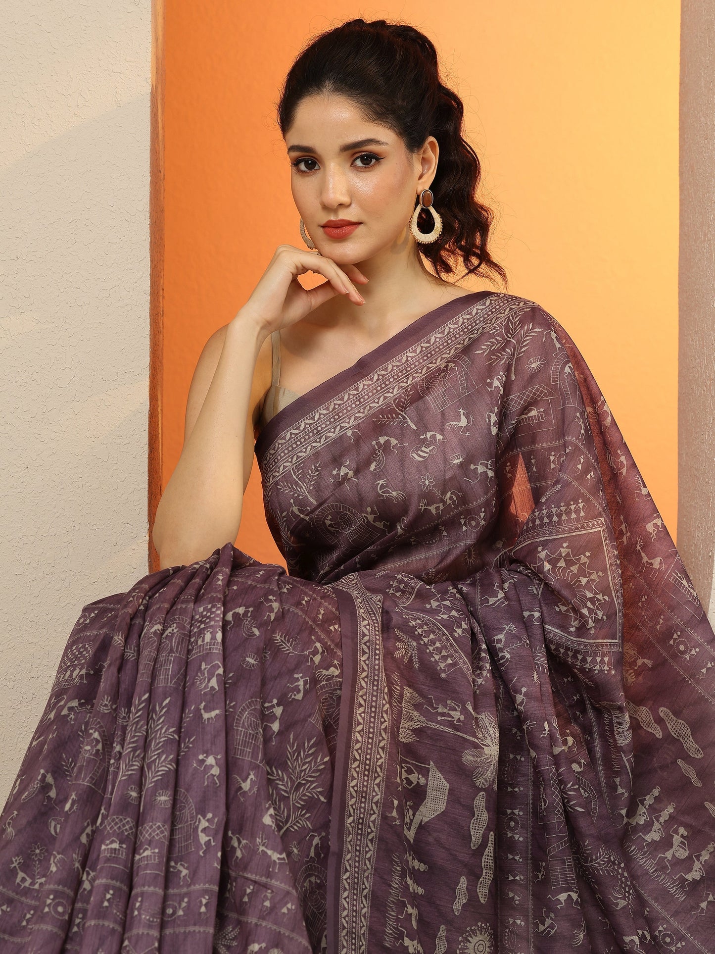 Purple Printed Silk Blend Saree With Unstitched Blouse Piece