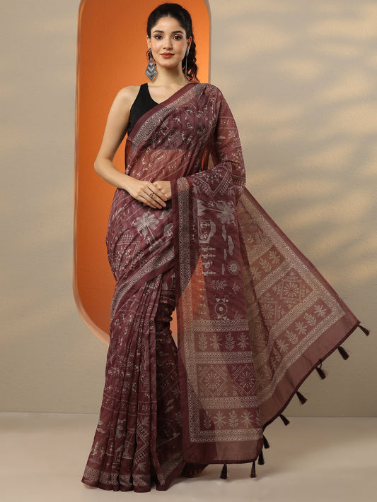 Brown Printed Silk Blend Saree With Unstitched Blouse Piece