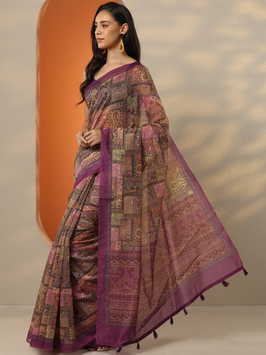 Pink Printed Silk Blend Saree With Unstitched Blouse Piece
