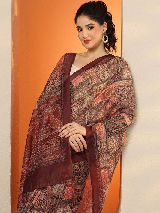 Brown Printed Silk Blend Saree With Unstitched Blouse Piece