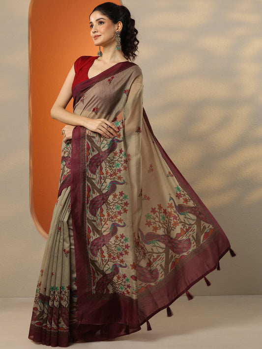 Beige Printed Silk Blend Saree With Unstitched Blouse Piece