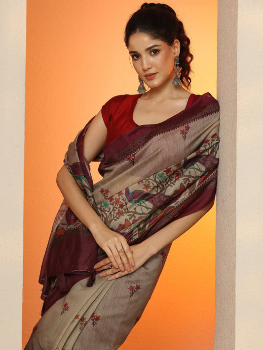 Beige Printed Silk Blend Saree With Unstitched Blouse Piece