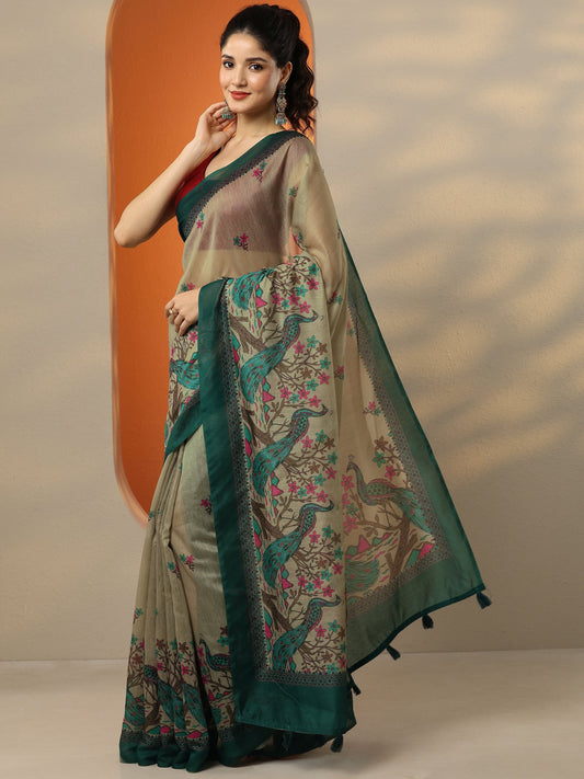 Beige Printed Silk Blend Saree With Unstitched Blouse Piece