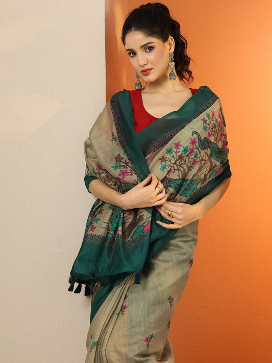Beige Printed Silk Blend Saree With Unstitched Blouse Piece