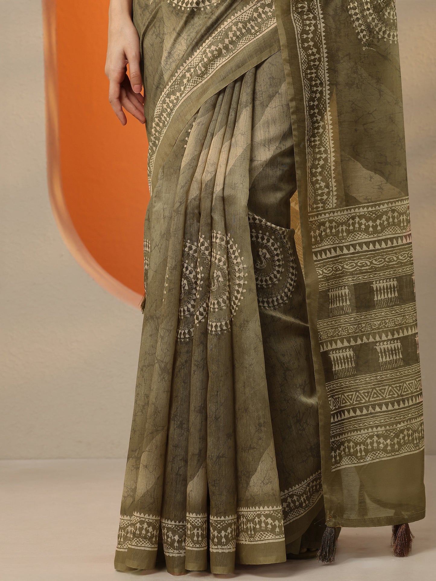 Green Printed Silk Blend Saree With Unstitched Blouse Piece