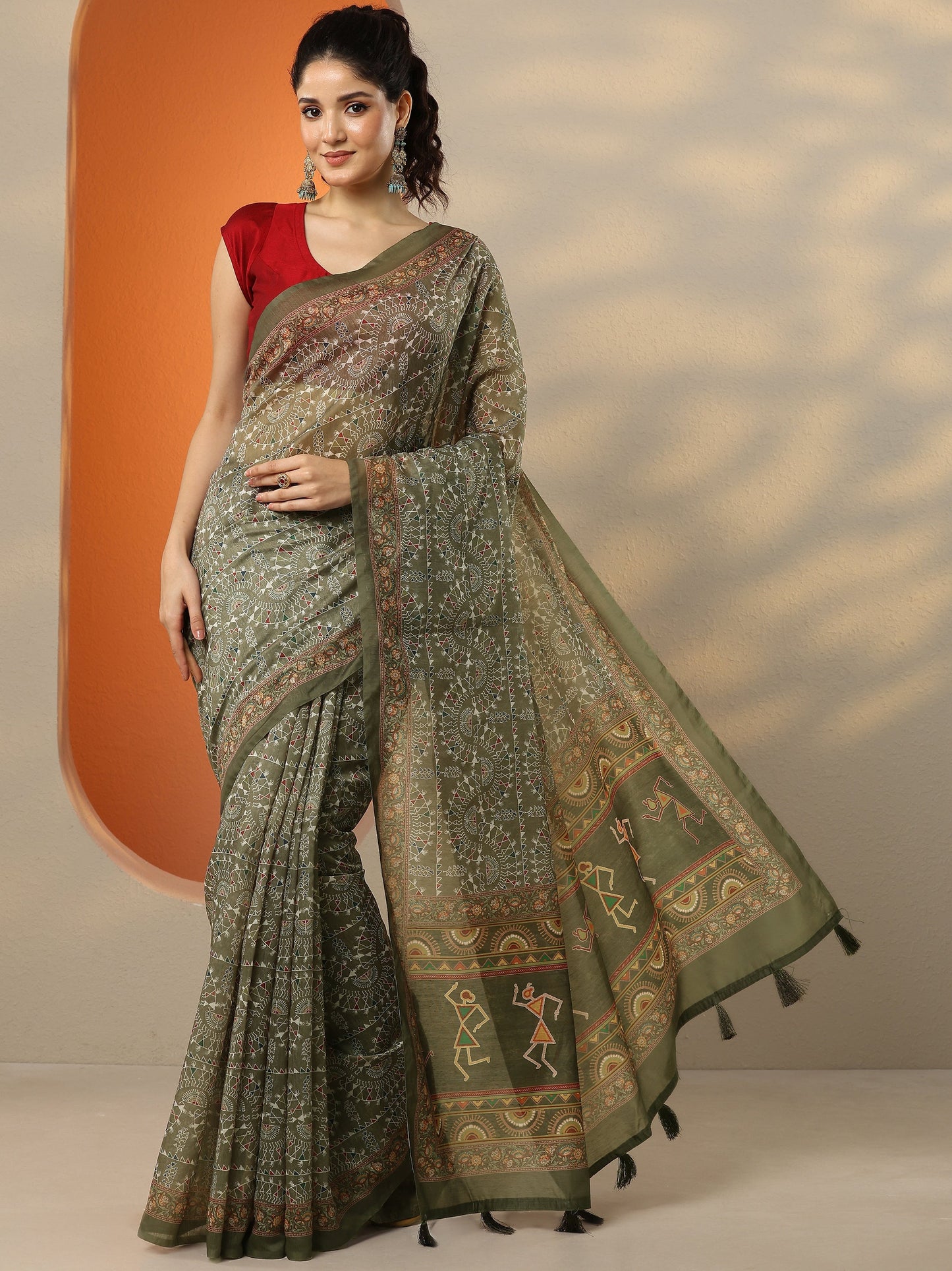 Green Printed Silk Blend Saree With Unstitched Blouse Piece