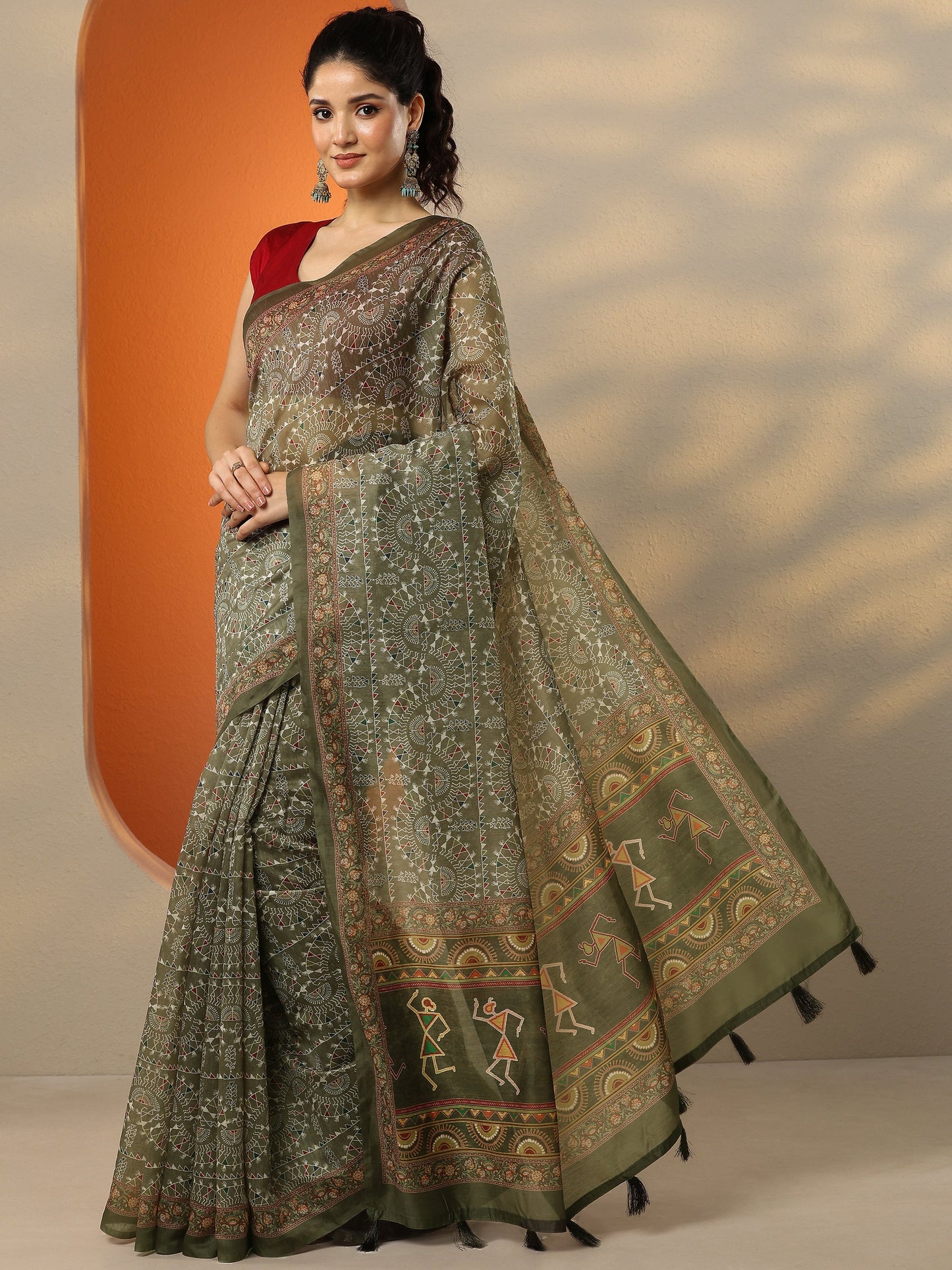 Green Printed Silk Blend Saree With Unstitched Blouse Piece