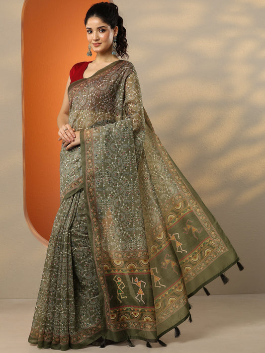 Green Printed Silk Blend Saree With Unstitched Blouse Piece