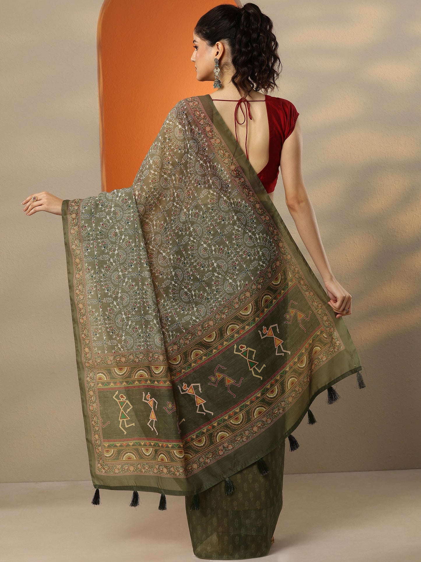 Green Printed Silk Blend Saree With Unstitched Blouse Piece