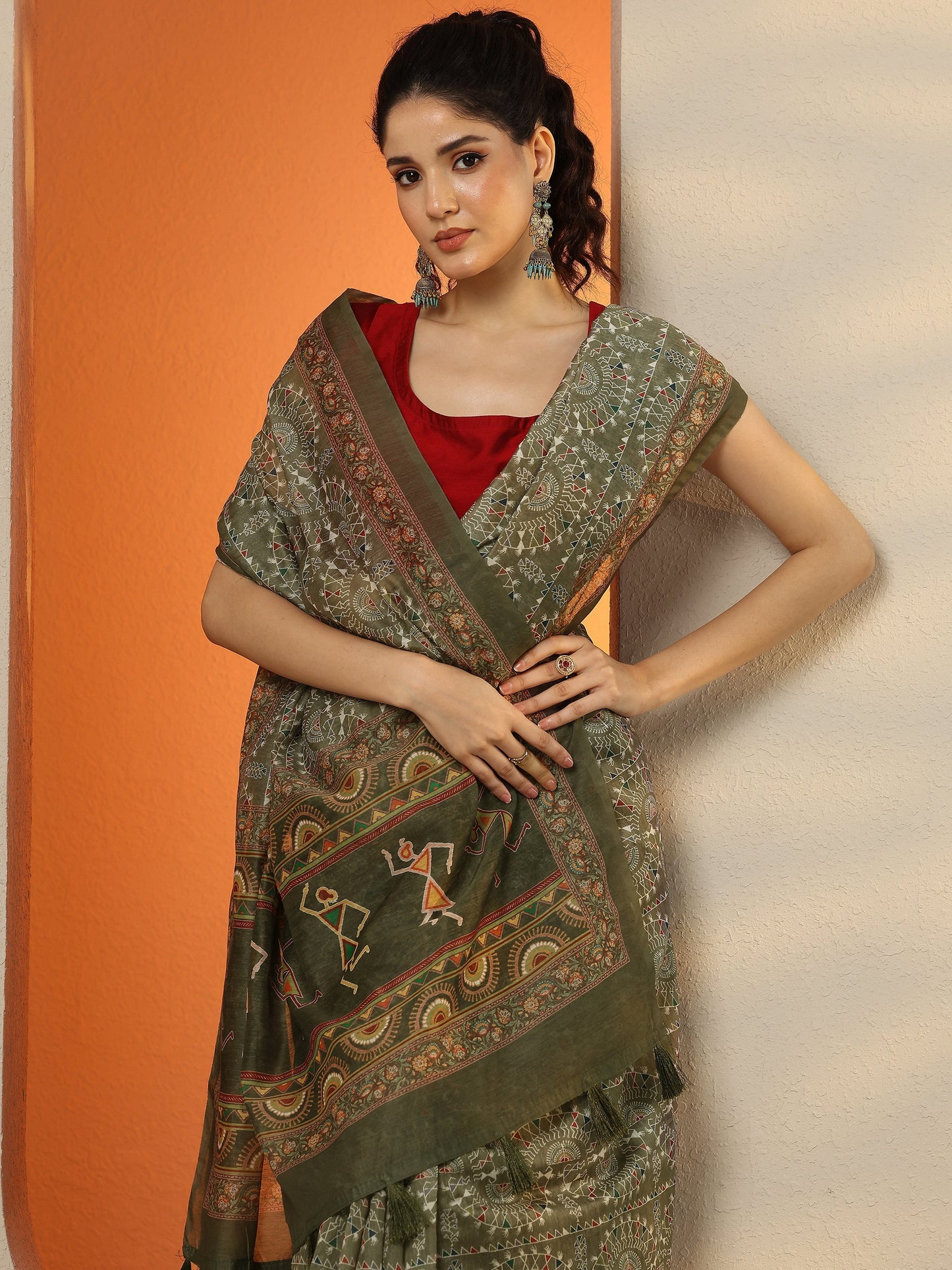 Green Printed Silk Blend Saree With Unstitched Blouse Piece