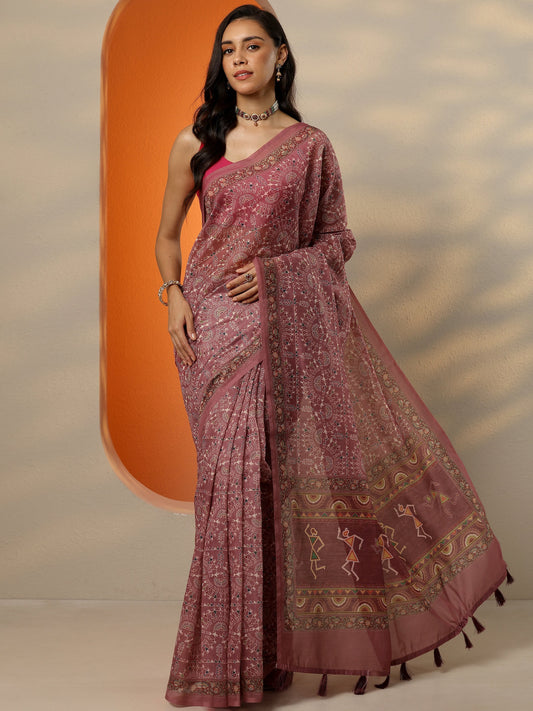 Brown Printed Silk Blend Saree With Unstitched Blouse Piece