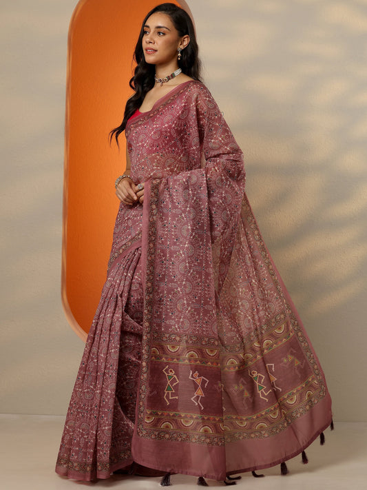 Brown Printed Silk Blend Saree With Unstitched Blouse Piece
