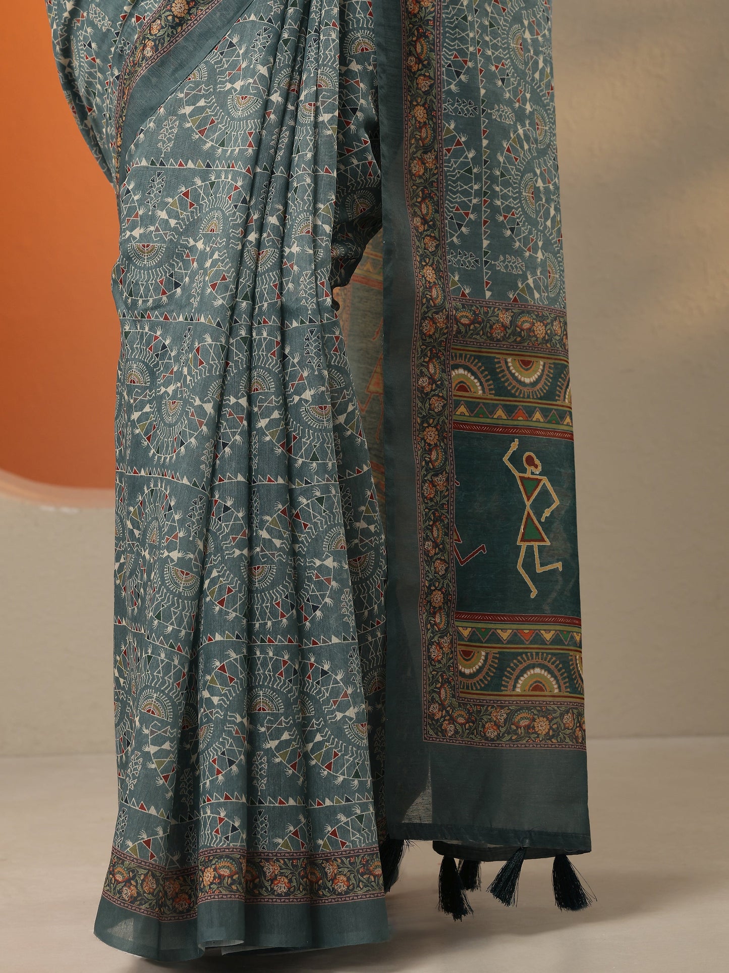 Blue Printed Silk Blend Saree With Unstitched Blouse Piece
